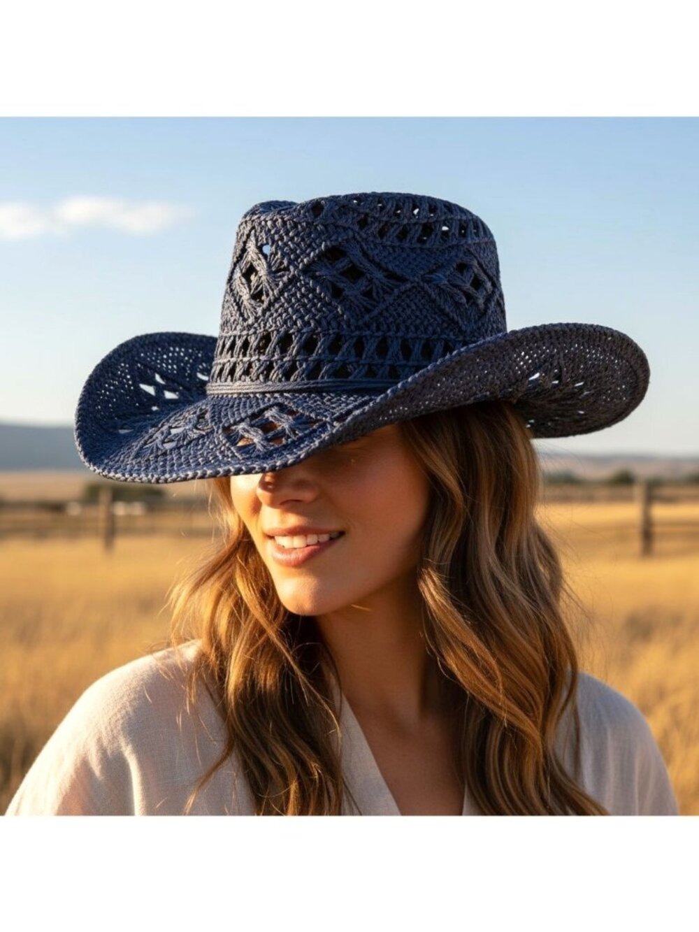 Blue Straw Cowboy Hat Rolled Brim One Size Western Cowgirl Beach - Picture 5 of 9